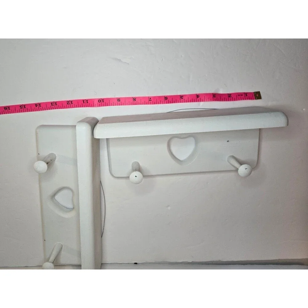 White Shelves w Heart Cutouts and Hooks Wire Hanging Slight Chips imperfections